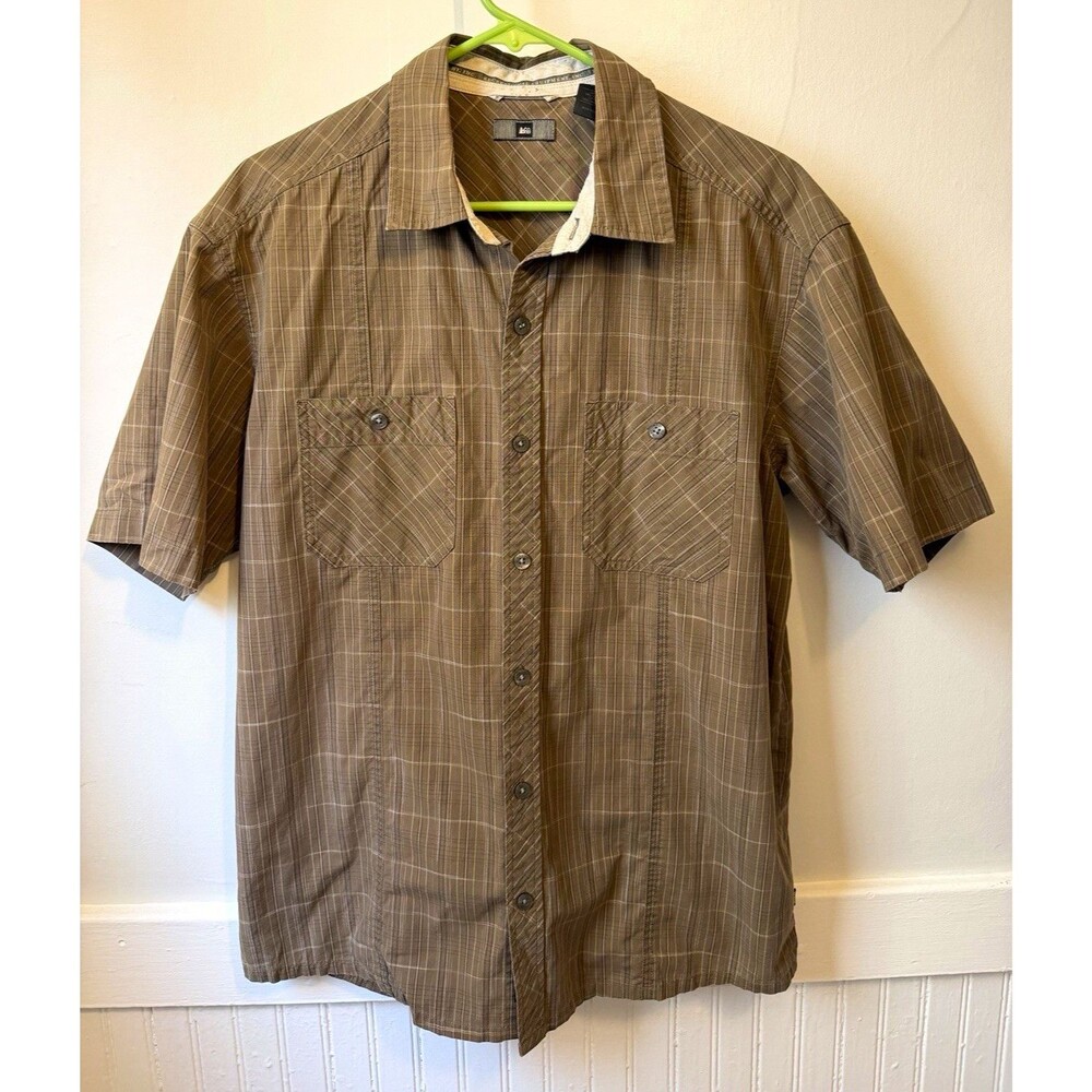 REI Men’s Plaid Short Sleeve Button Up Shirt Brown Hiking Outdoor Size L